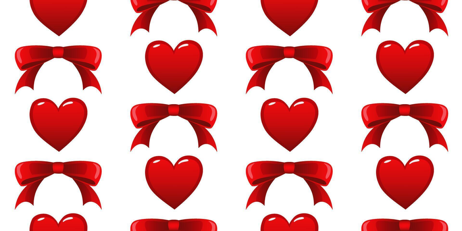 Seamless pattern of red hearts with red bows in between them. Concept of love and romance. For fabric, wallpaper, wrapping paper, holiday packaging. vector