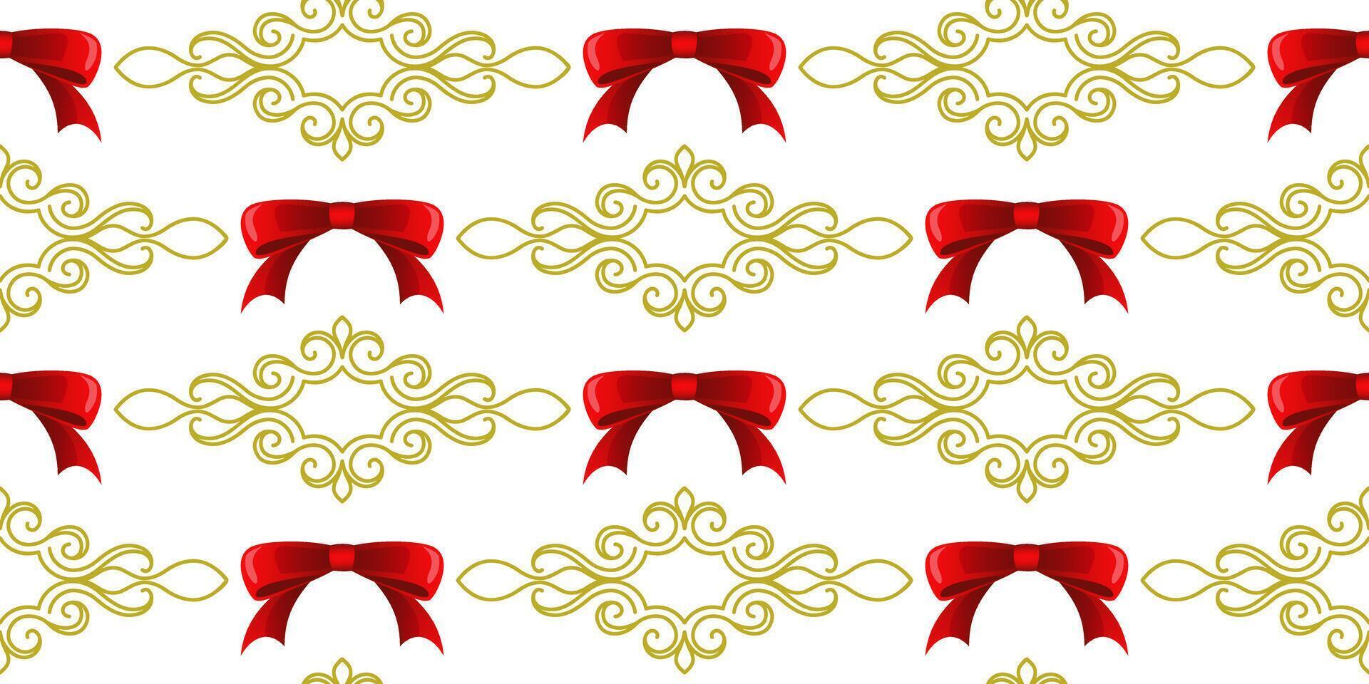 A pattern of red bows and gold swirls on a white background. For fabric, wallpaper, wrapping paper, holiday packaging. vector