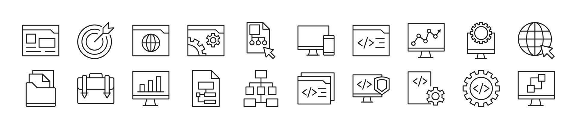 Set of line icons of programming. Editable stroke. Simple outline sign for web sites, newspapers, articles book vector