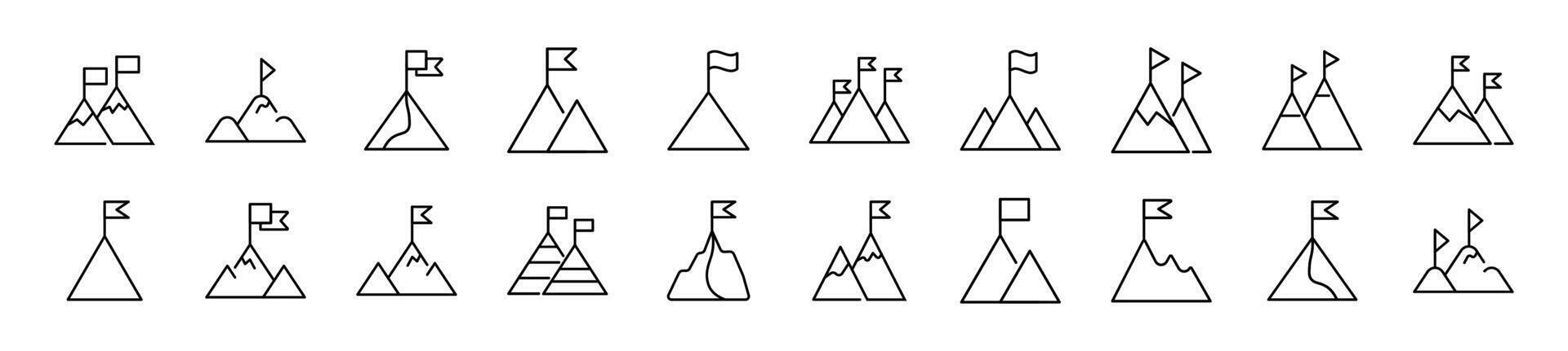 Collection of thin signs of mountain with flag on top. Editable stroke. Simple linear illustration for stores, shops, banners, design vector