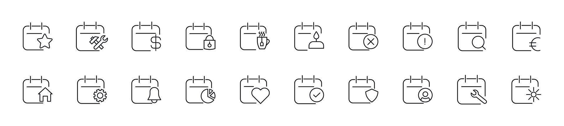 Images of calendars with various items drawn with thin line. Editable stroke. Simple linear illustration for stores, shops, banners, design vector