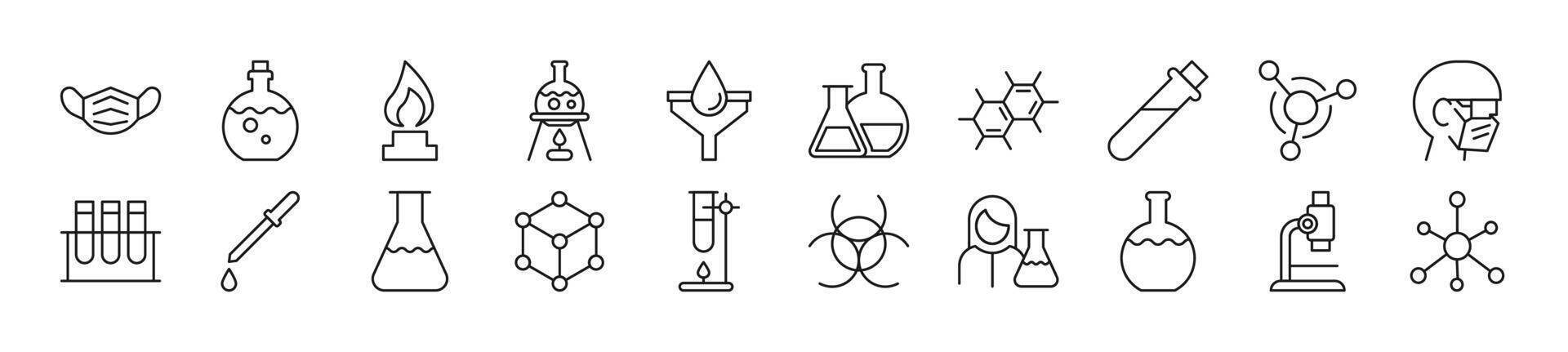 Collection of outline symbol of chemistry. Editable stroke. Simple linear illustration for stores, shops, banners, design vector