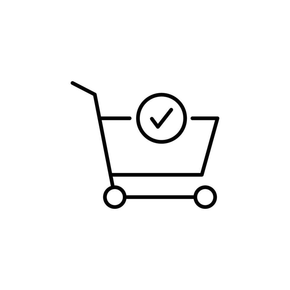 Shopping Cart by Checkmark Simple Outline Sign for Adverts. Suitable for books, stores, shops. Editable stroke in minimalistic outline style. Symbol for design vector