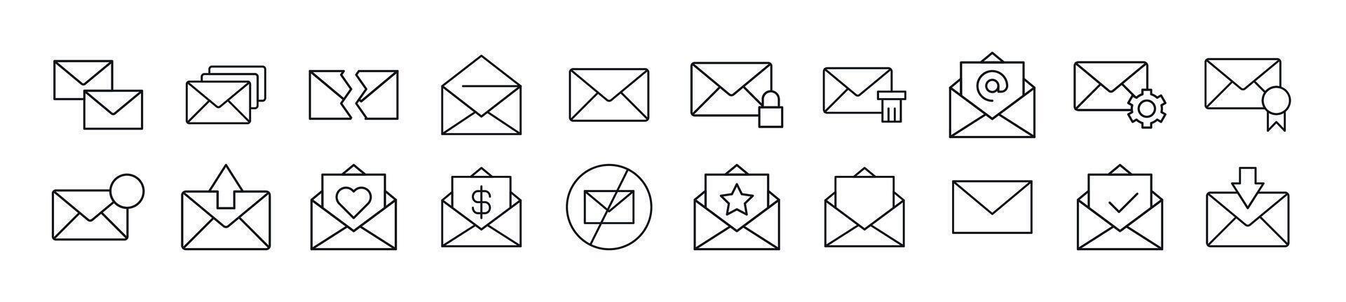 Set of line icons of envelope. Editable stroke. Simple outline sign for web sites, newspapers, articles book vector