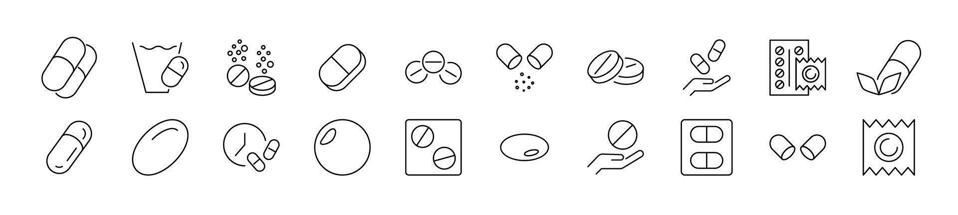 Pack of linear symbols of medications, pills, drugs. Editable stroke. Linear symbol for web sites, newspapers, articles book vector