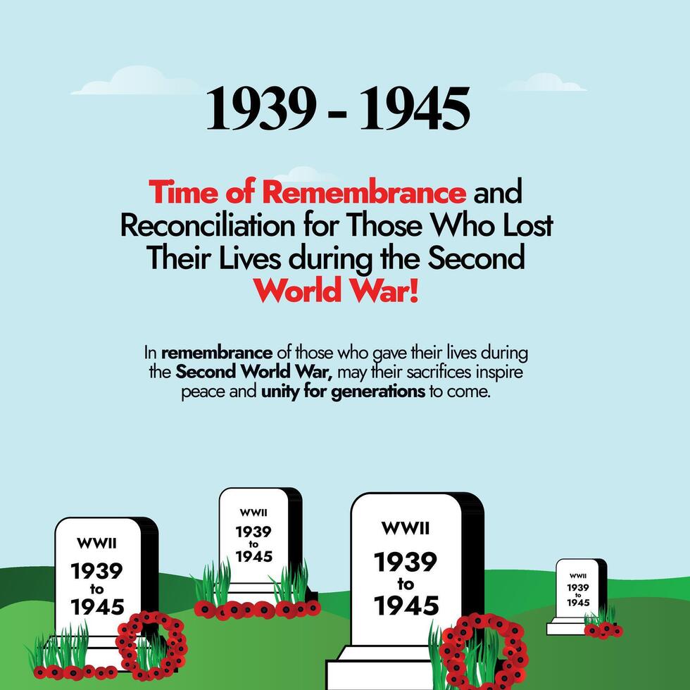World War 2 remembrance day. 1939-1945 world war II remembrance day banner with a grave stone and poppy flowers around it. Grave stone with dates 1939 to 1945 in a poppy flower garden. vector