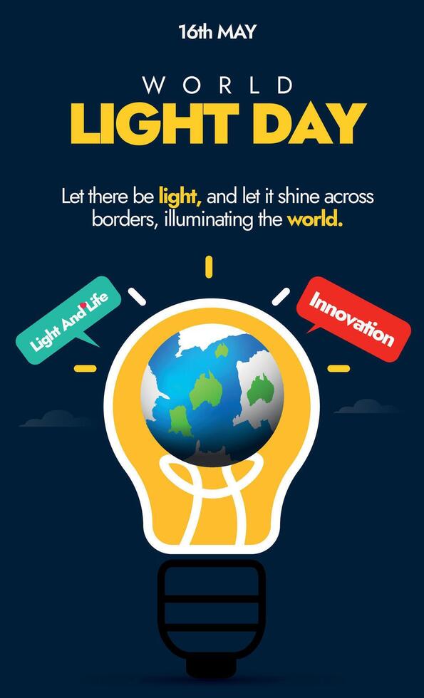 World day of light. 16th May 2024 International light day social media story post with map earth globe in a light bulb, speech bubbles with dark blue background. Light Day Innovation electricity vector