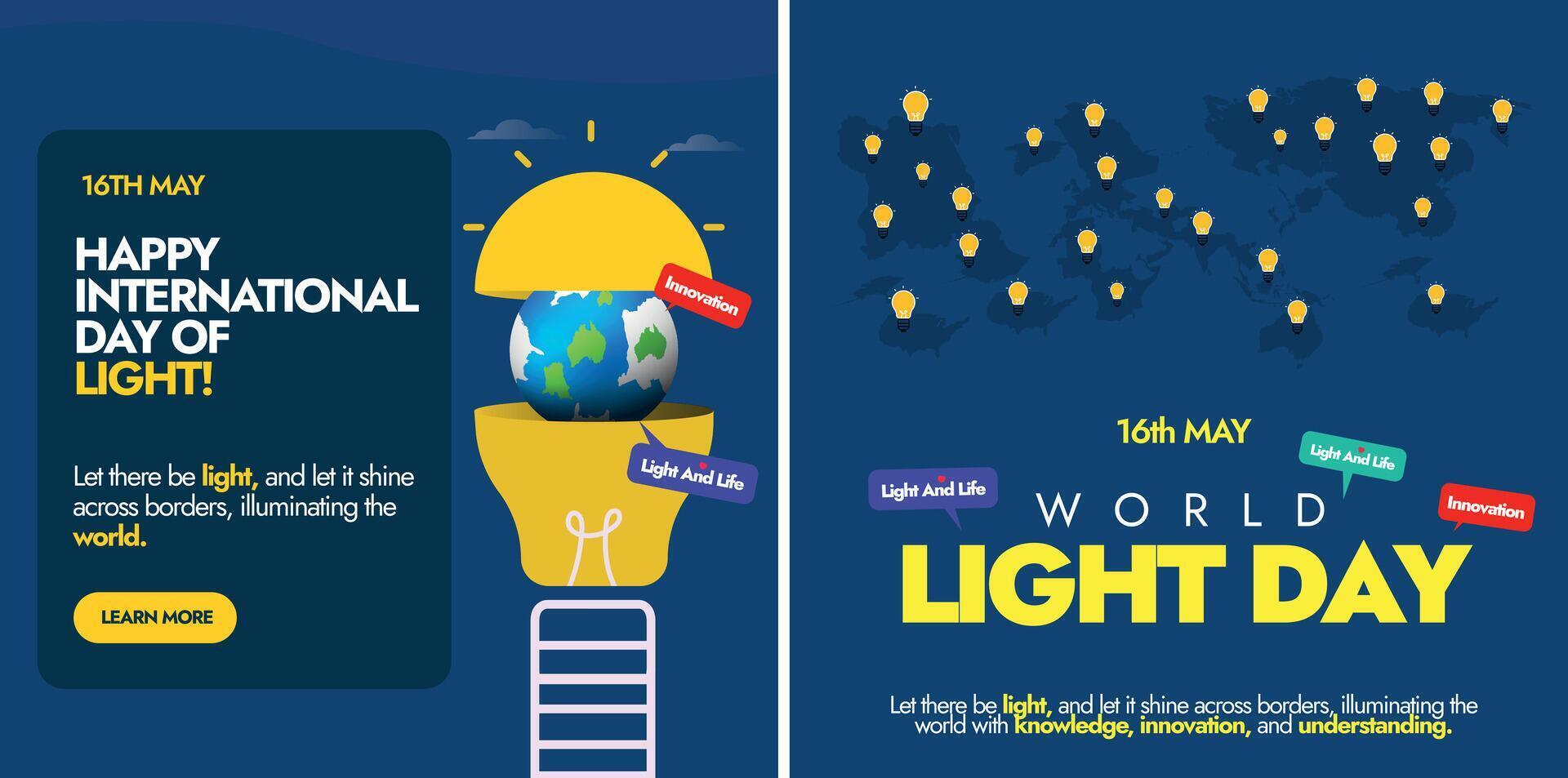 International day of light celebration posts, banner templates. 16th May International day of light celebration banners, posts conceptual designs. Silhouette world map and multiple lightbulbs on it. vector