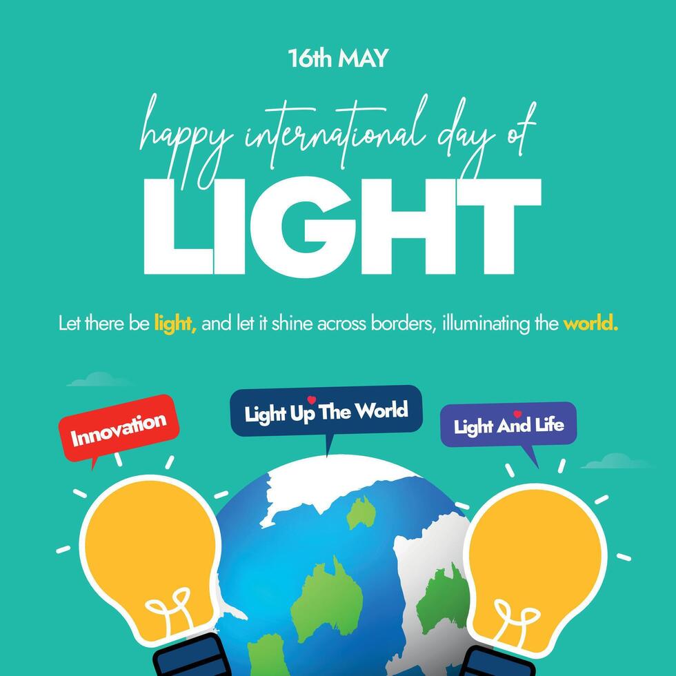 International day of light. 16th May International light day social media post with world map earth globe, two light bulbs and speech bubbles with aqua green background. Light In Our Lives. vector