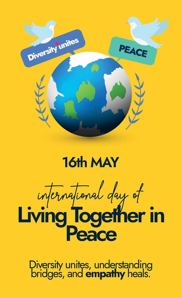 International Day of Living Together in Peace 16th May 2024. International day of living together in peace celebration vertical banner, social media story post in yellow background with earth globe. vector