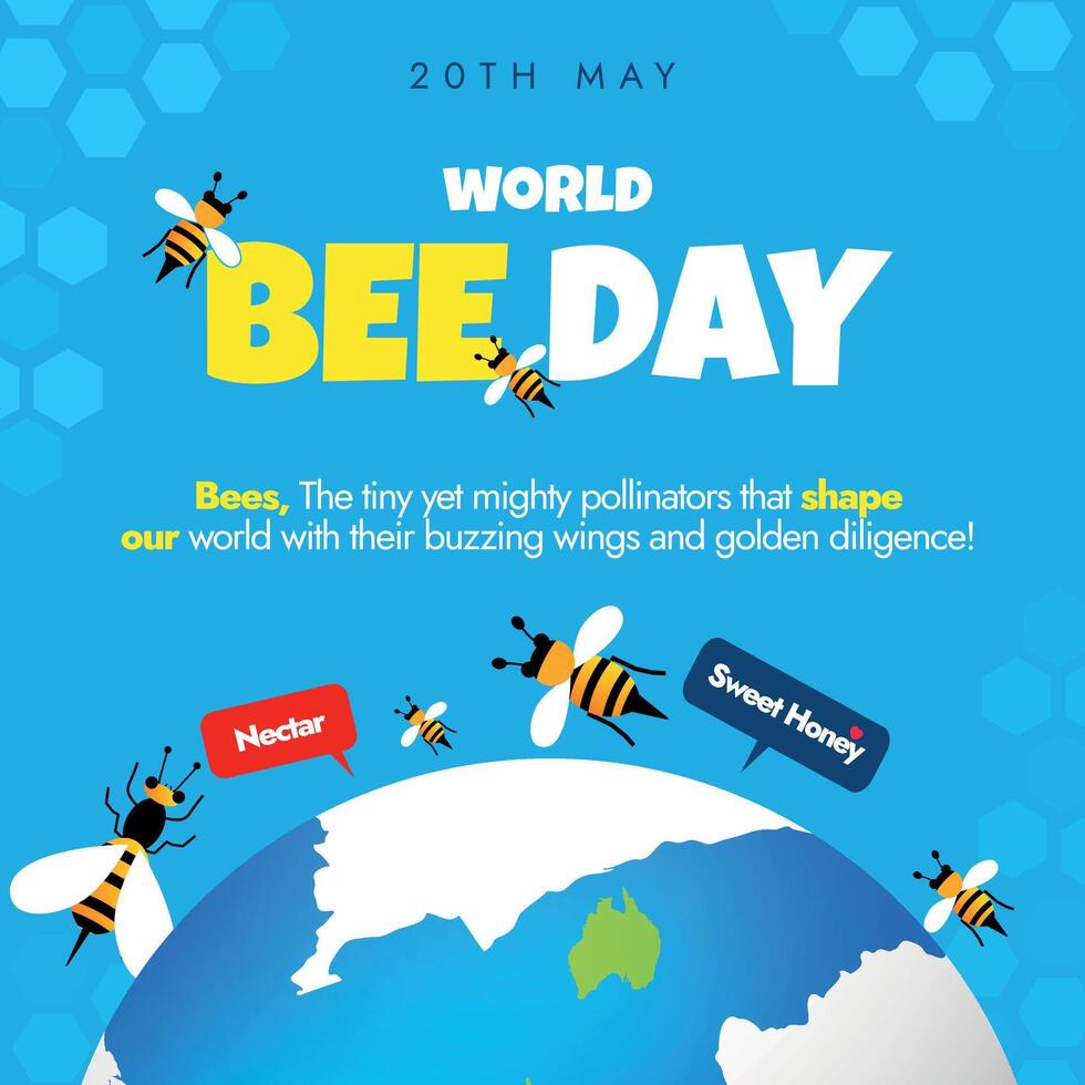 20th May World Bee day. World Bee day celebration banner with earth globe, bees, speech bubbles nectar, sweet honey, honey comb pattern on sky blue background. Bees day celebration banner conceptual vector