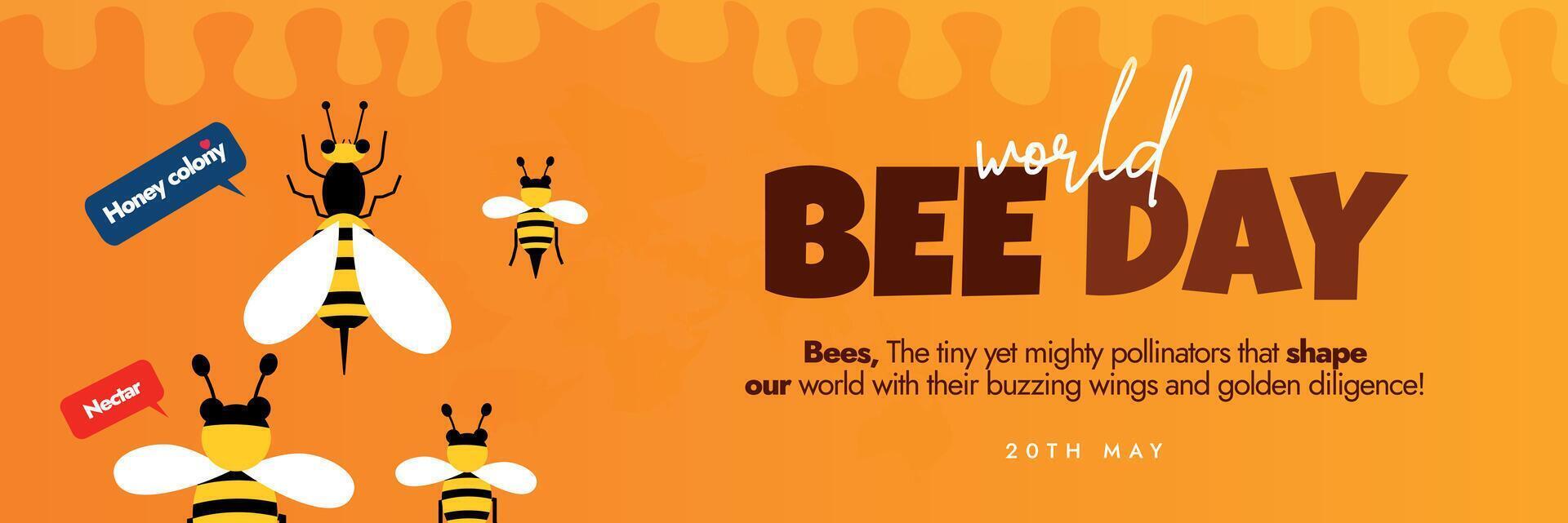 20th May World Bee Day celebration cover banner. World Bee Day banner, card, social media post. Bee engaged with Youth. The 2024 theme highlights the importance of involving young people in beekeeping vector