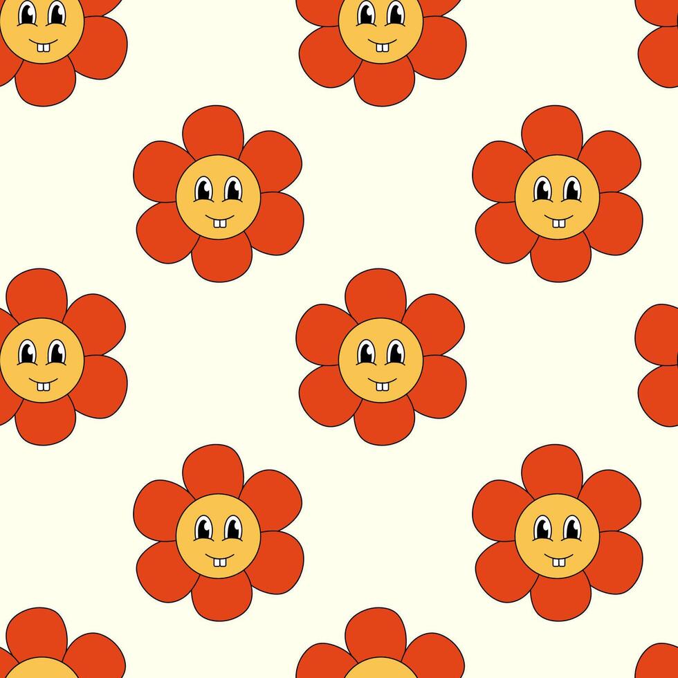 Retro Seamless Pattern 70s 60s 80s Hippie Groovy cute Red Flower with toothy smile face. Flower power. flat illustration. vector