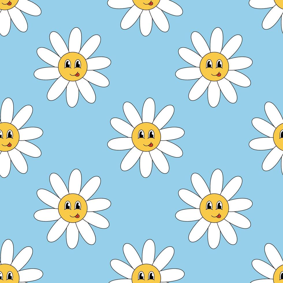Retro 70s 60s 80s Hippie Groovy cute Daisy Flowers Seamless Pattern. Smiling face. Chamomile Flower power element. flat illustration on blue background. vector