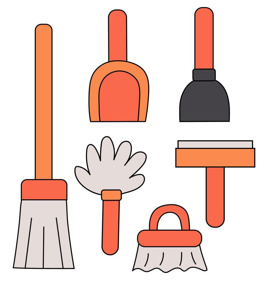 Cleaning Tools Set Elements. Collection of washing equipment. Mop, broom, brush, plunger, scoop, pipidastr. Flat illustration vector