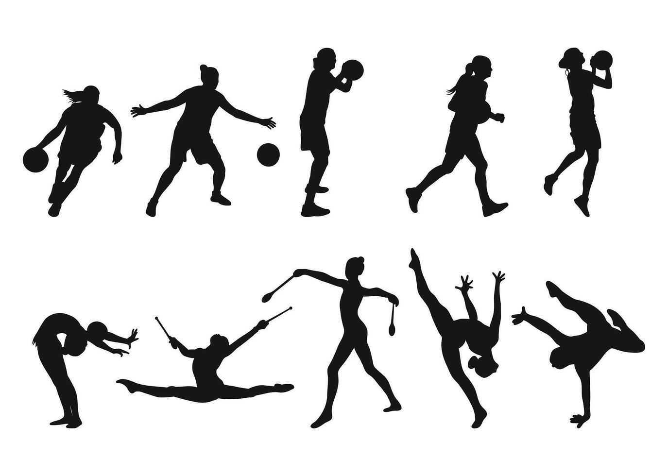 Single silhouettes of womens sports. Basketball, gymnastics. Isolated vector