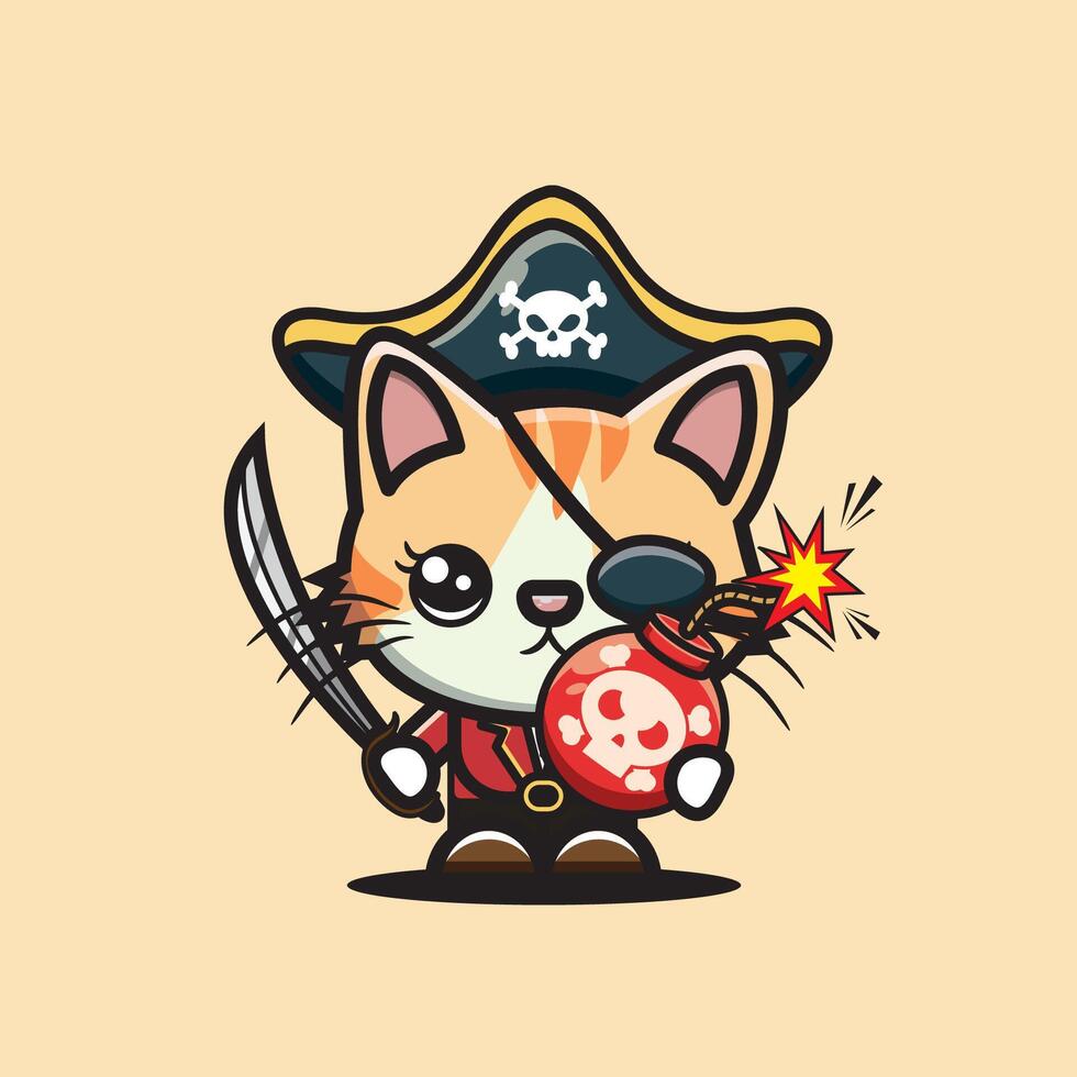 Funny illustration of pirate cat and bomb vector