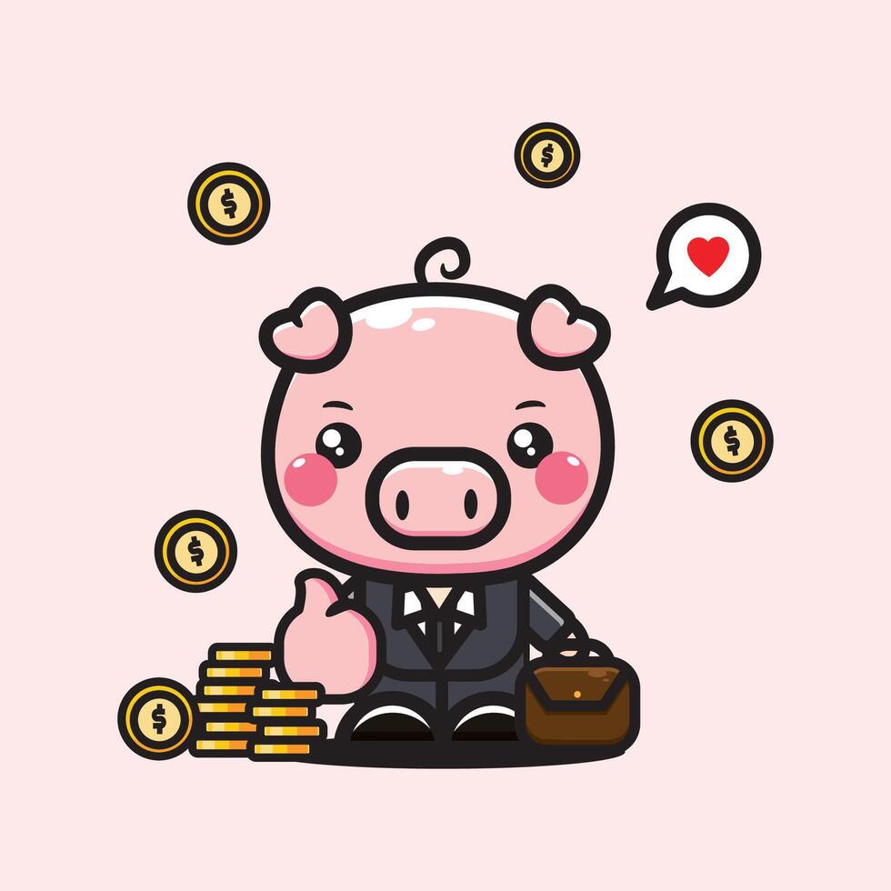 Funny illustration of businessman pig and coins vector