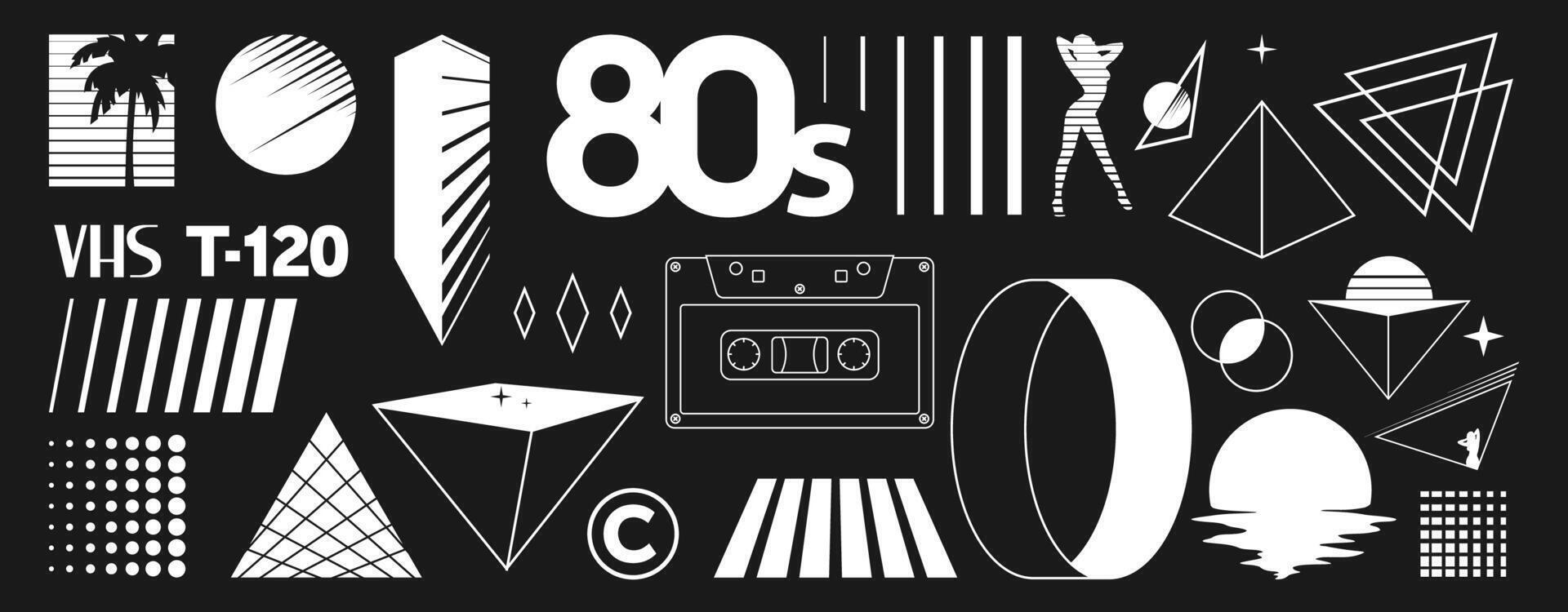 Set of retrowave design elements. Sunset, palm tree, audio cassette, pyramid, unreal ring, VHS sign, 80s title, sexy woman, geometry. Pack of retrowave 1980s style design elements. vector