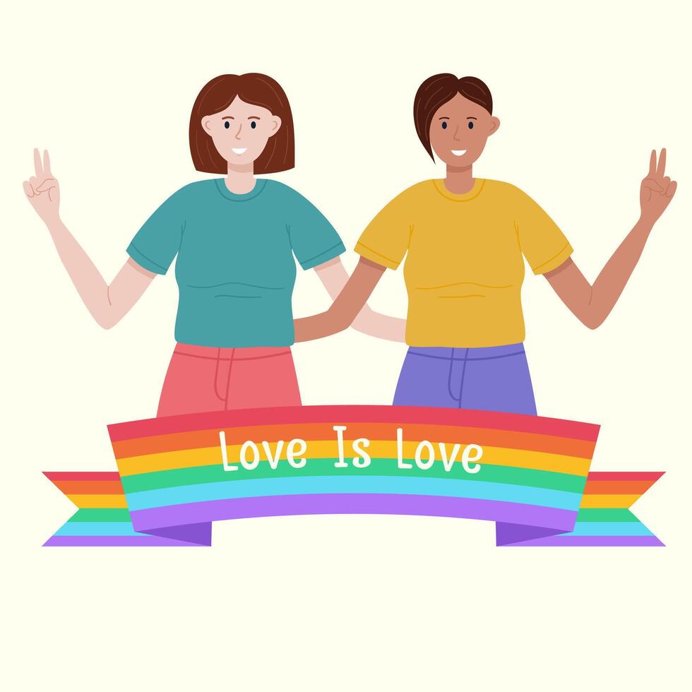 Pride month banner concept with two girls and rainbow flag vector