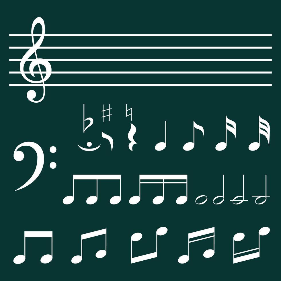 musical notes and treble clef on a green background vector
