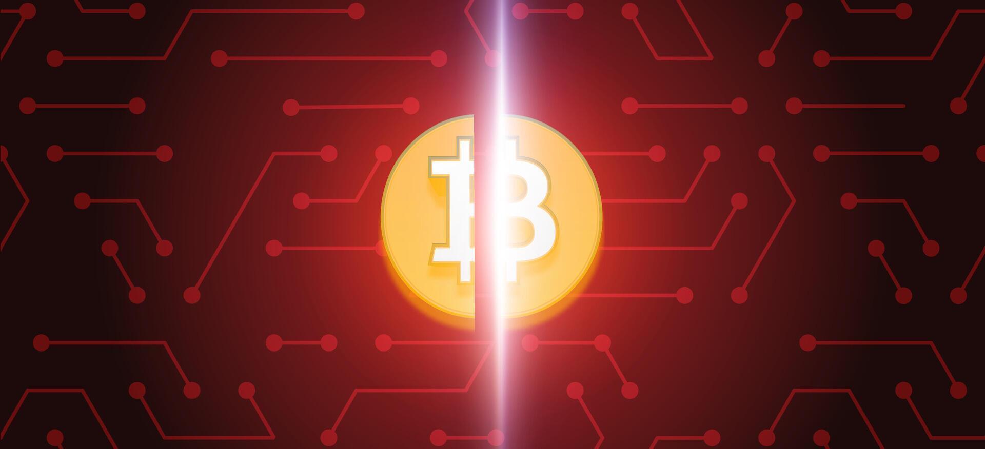 Bitcoin Halving. Coin on red background with circuits vector