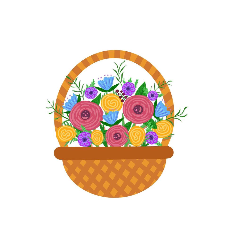 cesta con flores, ramo. ilustración para impresión, antecedentes, cubre y embalaje. imagen lata ser usado para saludo tarjetas, carteles, pegatinas y textil. aislado en blanco antecedentes. vector