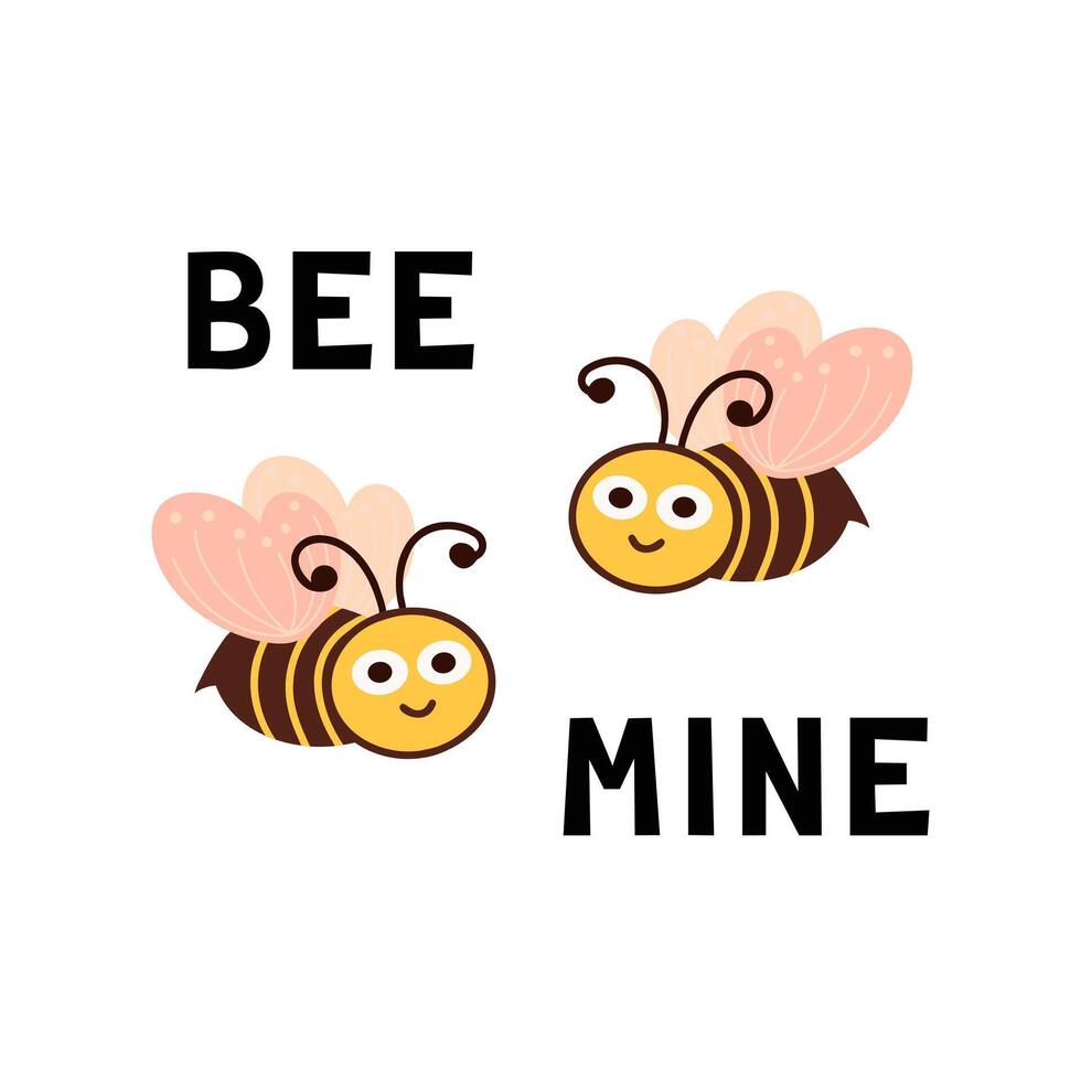 Bee mine. Two bees in love. Illustration for printing, backgrounds, covers and packaging. Image can be used for greeting cards, posters, stickers and textile. Isolated on white background. vector
