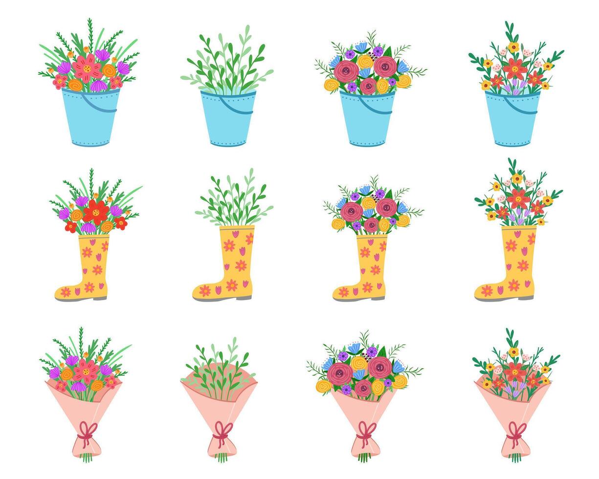 Set of flower bouquets. Bunch of plants in bucket, rubber boot, in package. Illustration for backgrounds and packaging. Image can be used for cards and posters. Isolated on white background. vector