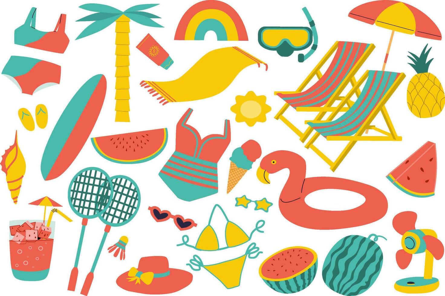 Set of summer symbol and elements. Cartoon for beach and holiday. vector