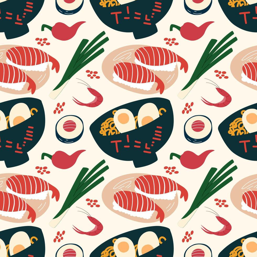 Seamless pattern with ramen noodle and sushi. Asian menu. vector