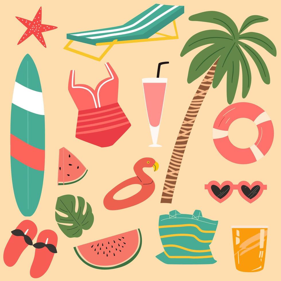 Summer elements. Colorful object collection holiday set. vector