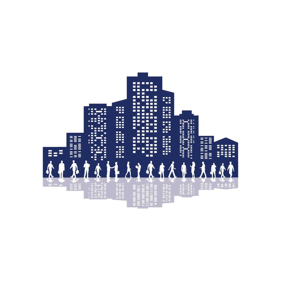 city skyline with modern buildings silhouette with reflection in water and working business people. illustration.City skyline silhouette. vector
