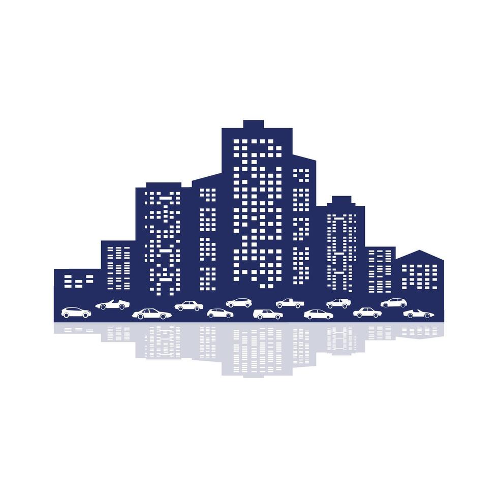 city skyline with modern buildings silhouette with reflection in water and car. illustration. City skyline silhouette. vector