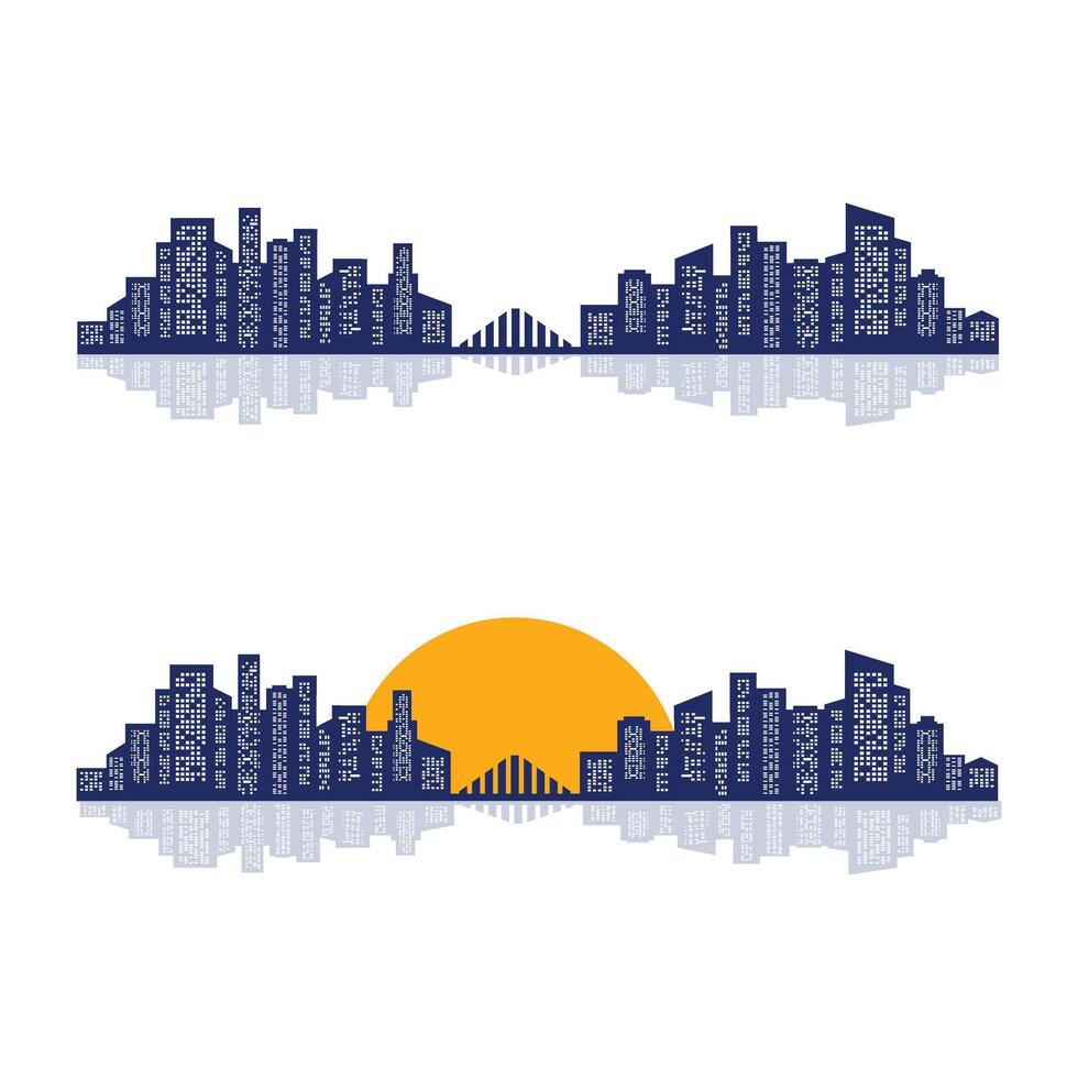 City architecture illustration, skyline city silhouette, skyscraper, flat design with reflection in water. Skyscrapers in big city at sunset. Bridge at sunset. City skyline silhouette. vector