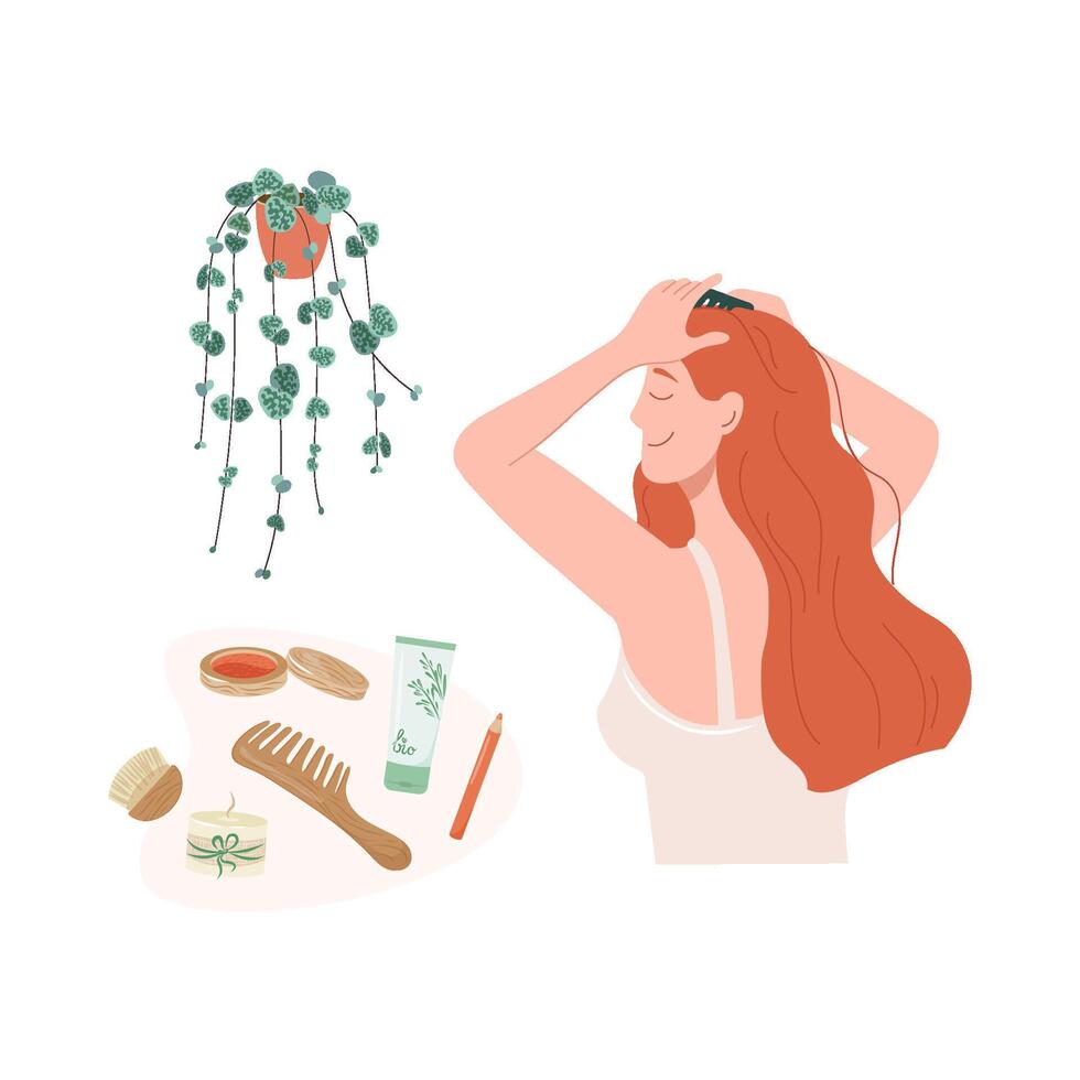 Young girl combing her hair at home. Daily morning routine. Flat illustration of young redhead woman taking care of herself preens her hair isolated on white background vector