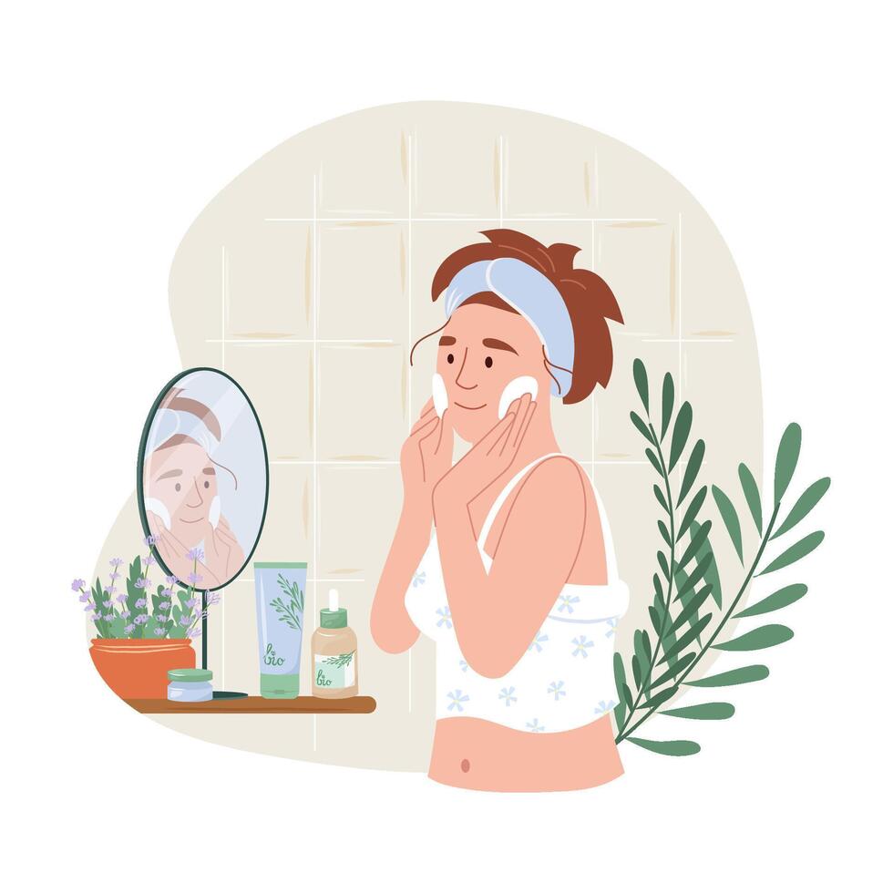 Girl applying cleansing and moisturizing face skincare products at home. Everyday skin care routine. Flat illustration young woman wipes her face with cotton pads. Zero waste lifestyle concept vector