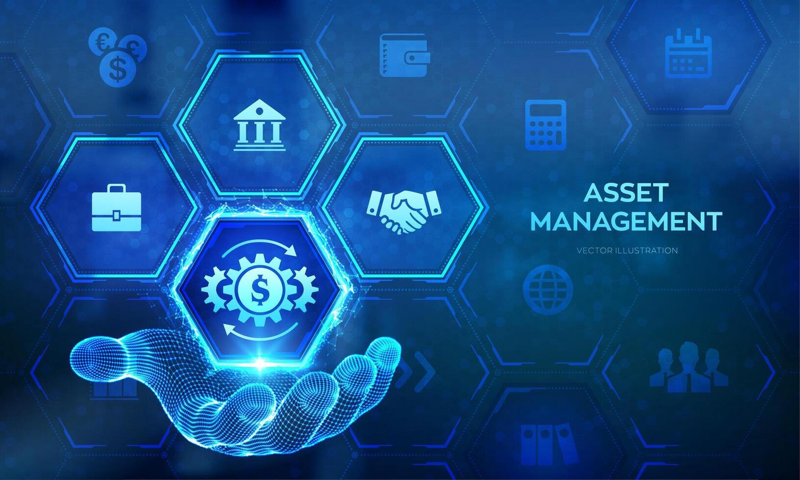 Asset management icon in wireframe hand. Business investment banking payment technology concept on virutal screen. Financial technology. Online banking. illustration. vector
