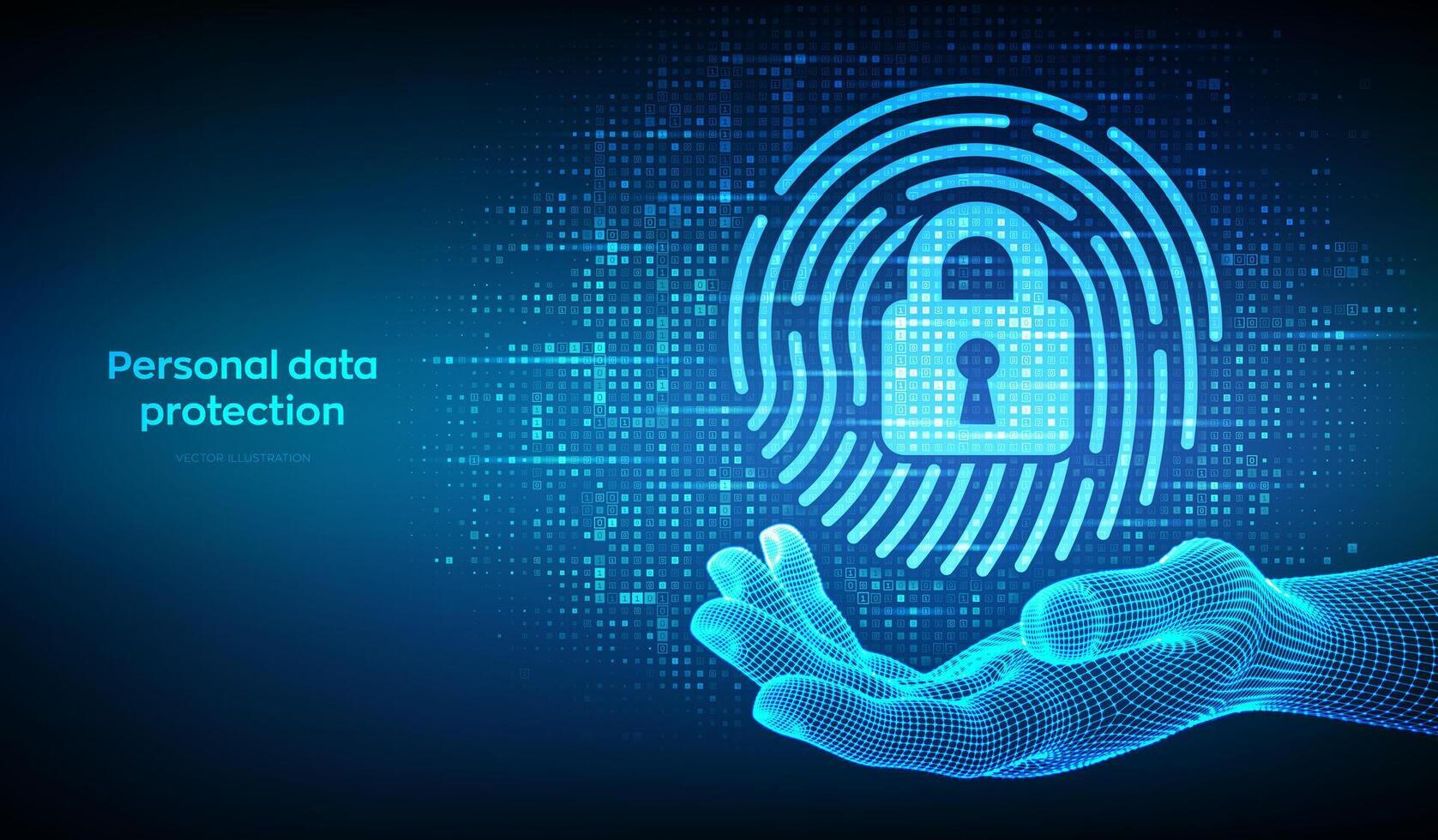 Fingerprint with padlock icon made with binary code in wireframe hand. Personal Data protection. Cyber Security. Biometrics identification. Digital background with digits 1.0. Illustration. vector
