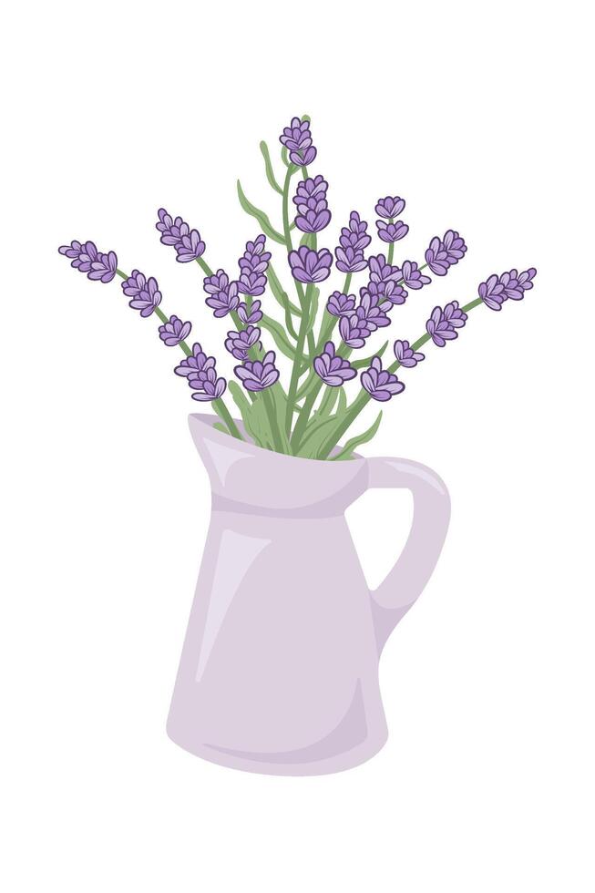 Hand painted bouquet of blooming lavender in purple jug.Contemporary abstract painting. Template for social media and design cards, invitations, covers vector