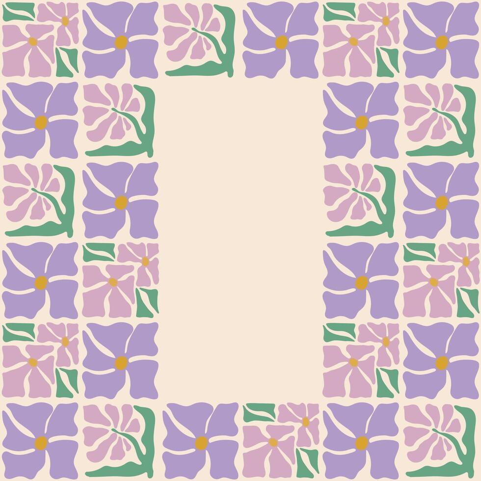 Colorful retro style square frame featuring lavender flowers and buds. Vintage style hippie clipart element design collection. Hand drawn nature collage, summer blank template with flowers. vector
