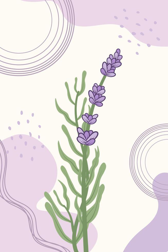 Botanical wall art with lavender sprig and different abstract spots in trendy style. Concept template for greeting cards, banner, social media design, invitations, covers, wall art. vector