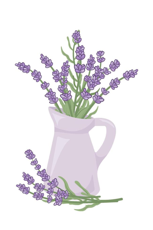 Hand painted bouquet of blooming lavender in purple jug and lavender sprig by the jug.Contemporary abstract painting. Template for social media and design cards, invitations, covers vector