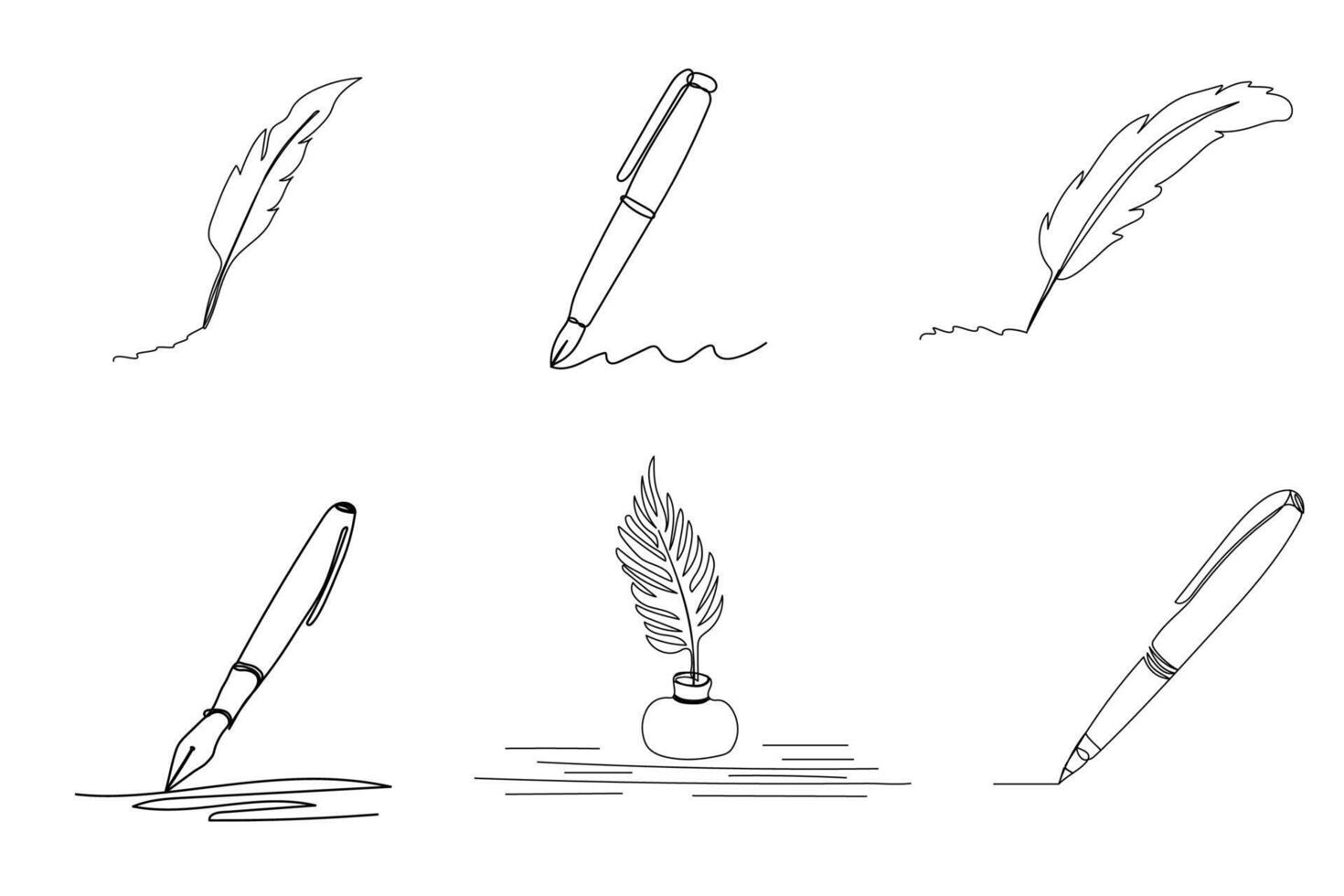 Set of continuous vintage guill pens writing, modern single line drawing graphic design, simple calligraphy illustration isolated on the white background vector