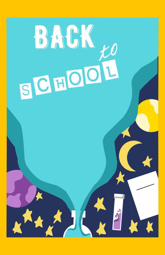 Back to school, online school banner, poster. Yellow backpack with school supplies on the background of a checkered paper with different doodle scientific icons, illustration vector