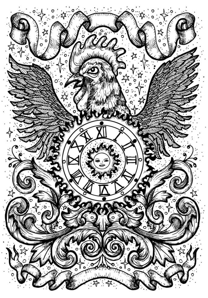 Rooster symbol with clock, sun, baroque decorations and vignette ribbons vector