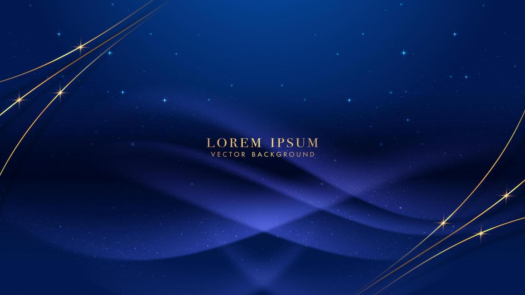 Blue luxury background with golden curve line, light wave, shiny dots, and glitter light effect decoration vector