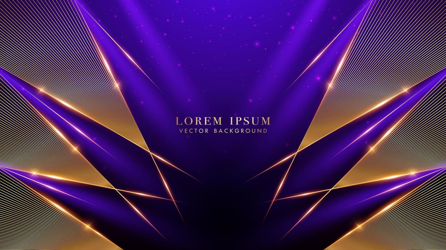 Golden lines triangle corner with light beam purple effect. Glowing lines elegant shine and glittering light effects elements. Luxury style design background vector