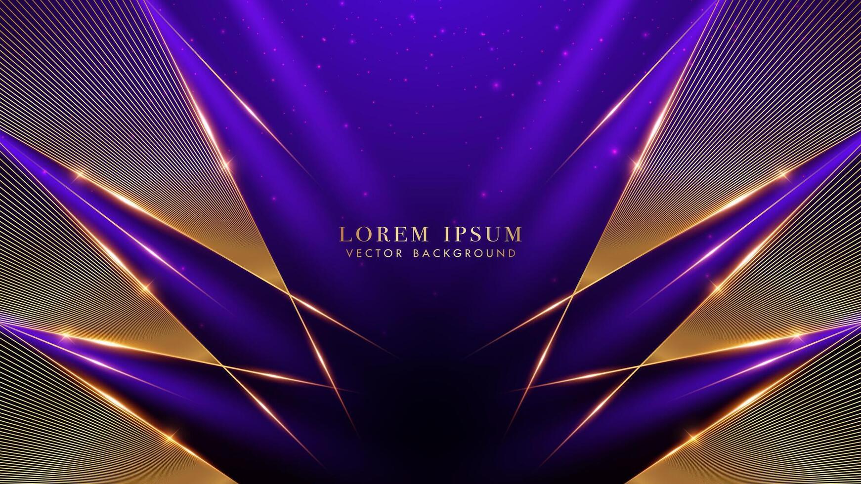 Golden lines triangle corner with light beam purple effect. Glowing lines elegant shine and glittering light effects elements. Luxury style design background vector