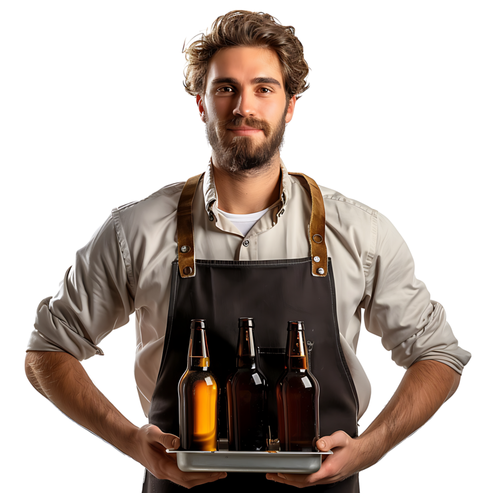 Waiter with beer bottles on the tray on isolated transparent background png